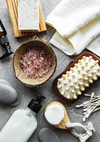 Null Sløsing Med Naturlige Kosmetiske Produkter Betongbakgrunn Flatsjikt – stockfoto