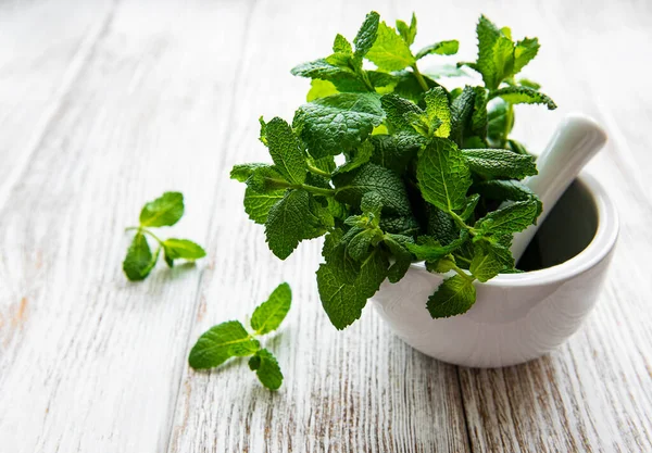 Fresh Green Mint Mortar White Wooden Background — Stock Photo, Image