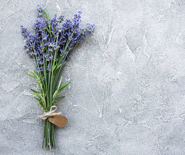 Overhead View Bundle Fresh Lavender Flowers Blank Tag Concrete Background — Stock Photo, Image