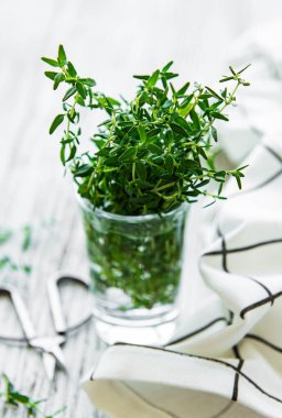 Kekiklerin yakın görüntüsü. Bir bardakta yeşil kekik