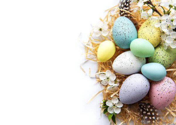 Colorful Easter eggs with spring blossom flowers isolated over white background. Colored Egg Holiday border. 