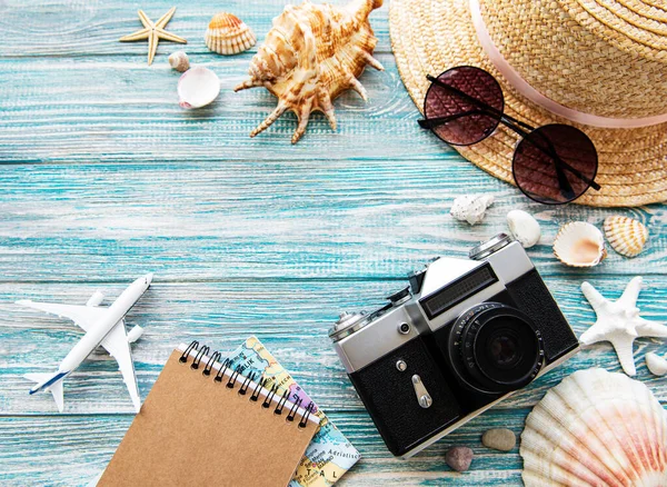 Summer Travel Concept Old Film Camera Hat Shell Palm Leaves — Stock Photo, Image