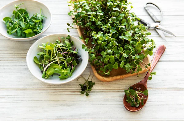 Assortment Micro Greens White Wooden Background Copy Space Top View — Stock Photo, Image