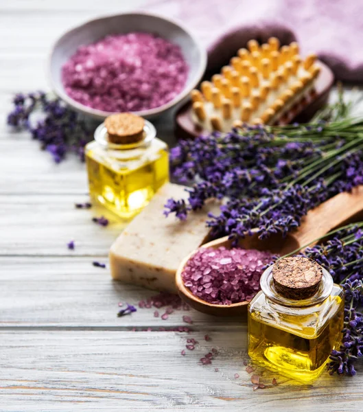 Naturlig Ekologisk Spa Kosmetisk Med Lavendel Platt Låg Bad Salt — Stockfoto