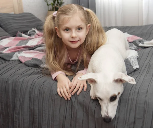 Lykkelig Barn Med Hund Portrettjente Med Kjæledyr Jente Hvit Jack – stockfoto