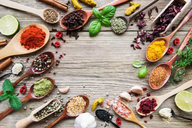 Tahta bir masada kaşıklarla çeşitli rengarenk baharatlar.
