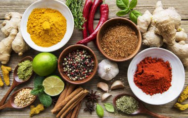 Tahta bir masada, kâselerde ve kaşıklarda çeşitli renklerde baharatlar var.