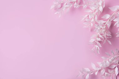 Pembe arka planda yaprakları olan beyaz dalların çerçevesi