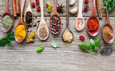 Tahta bir masada kaşıklarla çeşitli rengarenk baharatlar.