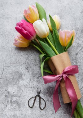 Beton zeminde renkli bahar laleleri