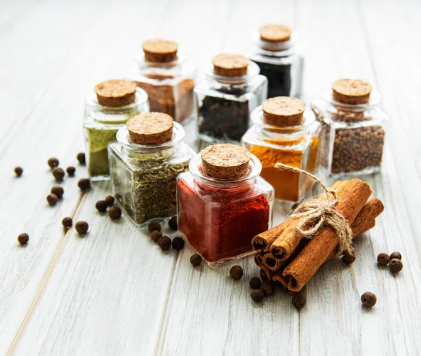 Jars Dried Herbs Spices Table — Stock Photo, Image