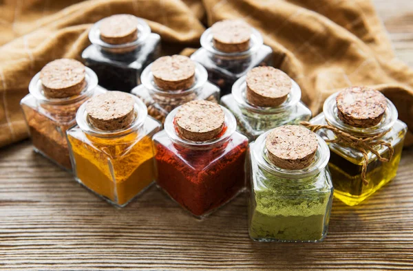 Jars Dried Herbs Spices Table — Stock Photo, Image