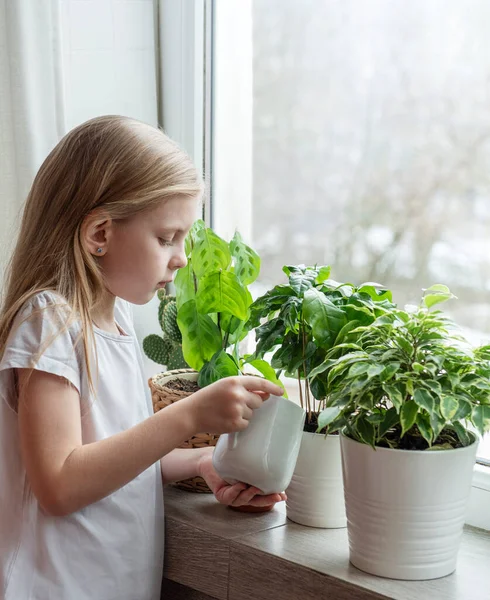 Маленька Дівчинка Поливає Рослини Своєму Будинку — стокове фото