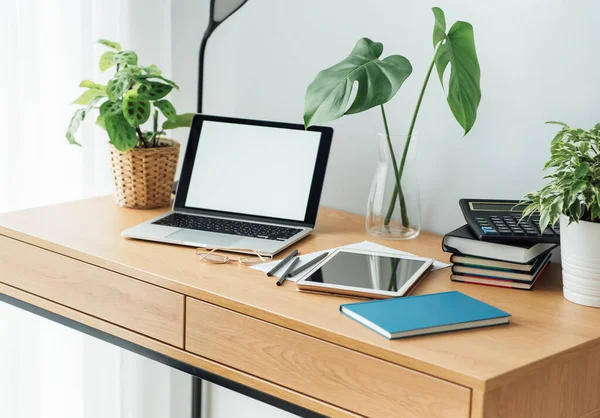 Office Workplace Laptop Wooden Table — Stock Photo, Image