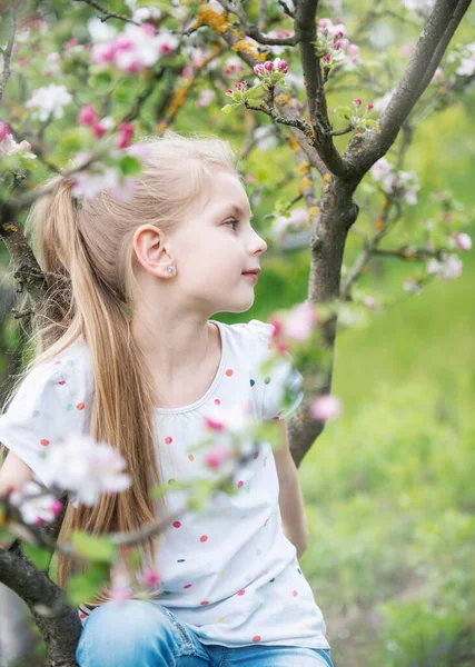 Malá Rozkošná Dívka Sedí Kvetoucím Stromě Jablečné Zahradě — Stock fotografie