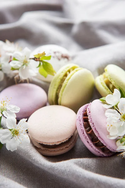 Französisch Süße Makronen Bunte Vielfalt Auf Grauem Textilhintergrund Mit Frühlingsblüte — Stockfoto