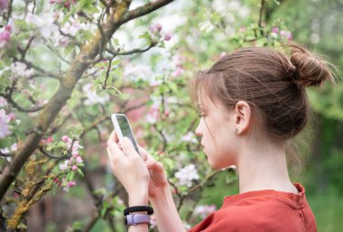 Çiçek açan bir bahçede genç bir kız akıllı telefondan çiçek açan ağaçların resimlerini çekiyor.