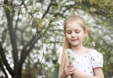 Bahar bahçesinde küçük bir kız elinde beyaz karahindibalar