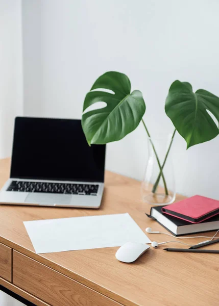 Oficina Trabajo Con Portátil Mesa Madera —  Fotos de Stock