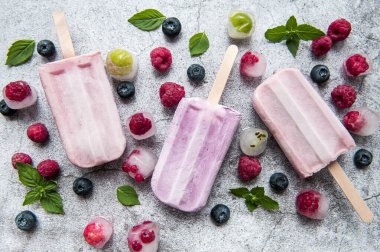 Ev yapımı ahududu ve yabanmersinli dondurma ve taze ahududu. Yaz yemeği.