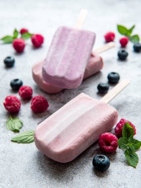 Ev yapımı ahududu ve yabanmersinli dondurma ve taze ahududu. Yaz yemeği.