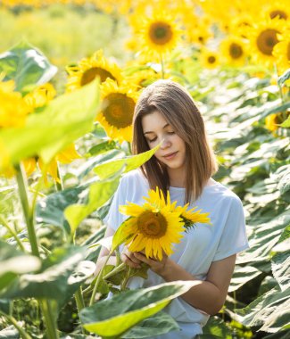 Genç ve güzel bir kız yazın çiçek açan bir tarlada yürüyor.