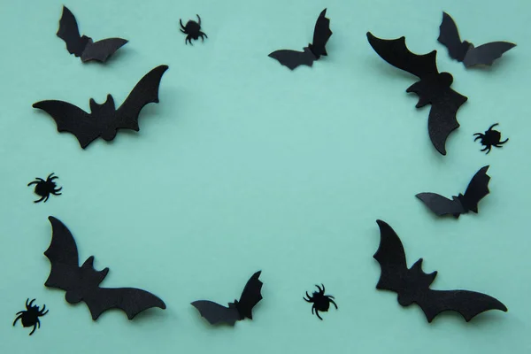 Collezione Oggetti Festa Halloween Che Formano Una Cornice Pipistrelli Neri — Foto Stock