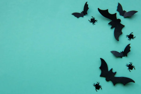 Collezione Oggetti Festa Halloween Che Formano Una Cornice Pipistrelli Neri — Foto Stock