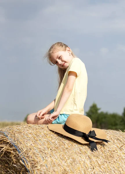 Little Girl Having Fun Wheat Field Summer Day Child Playing Stock Picture