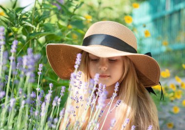 Lavanta çiçekleriyle çevrili hasır şapkalı küçük kız. Lavanta tarlasında uzun saçlı mutlu küçük kızın portresi.