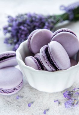 macarons lavanta lezzet ve taze lavanta çiçekleri ile Fransız 
