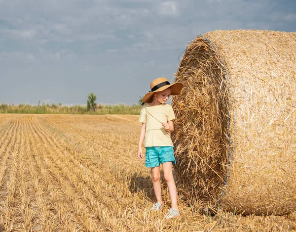 Holčička Baví Pšeničném Poli Letní Den Dítě Hrající Balíku Sena — Stock fotografie