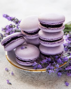 macarons lavanta lezzet ve taze lavanta çiçekleri ile Fransız 