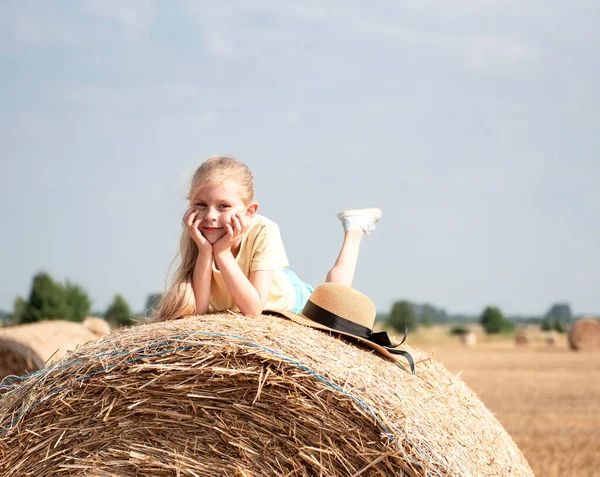 Little Girl Having Fun Wheat Field Summer Day Child Playing Stock Picture