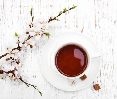 Fincan çay ve bahar çiçeği