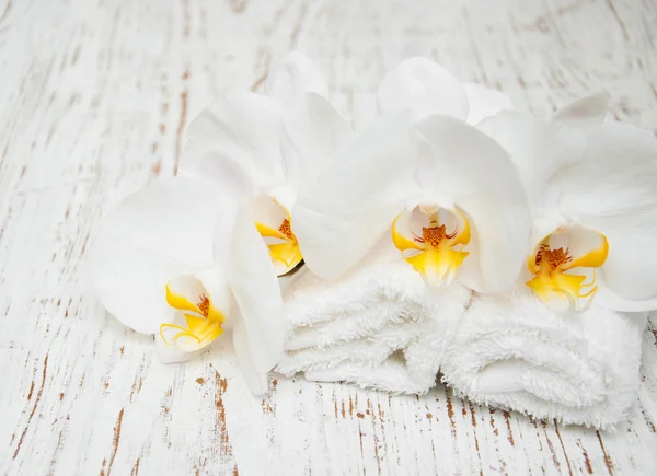 Orchidee bianche e asciugamani — Foto Stock