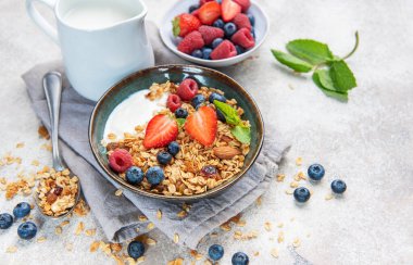 Sağlıklı bir sabah yemeği için bir kase granola, yoğurt, çilek, yabanmersini ve ahududu.