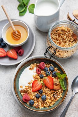 Granola and yogurt bowl topping with fresh strawberries, blueberries, and raspberries