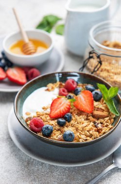 Granola and yogurt bowl topping with fresh strawberries, blueberries, and raspberries