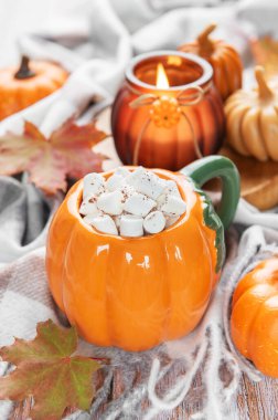Pumpkin shaped mug filled with hot cocoa and marshmallows on a plaid blanket with autumnal decor