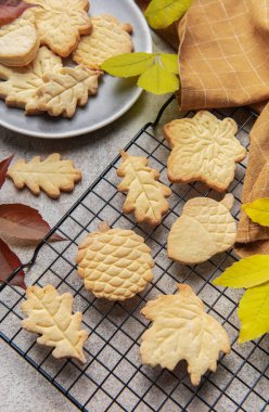 Freshly baked delicious fall themed shortbread cookies cooling on a wire rack with decorative leaves