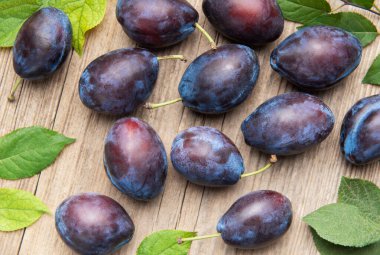 Fresh ripe plums with green leaves on a rustic wooden surface