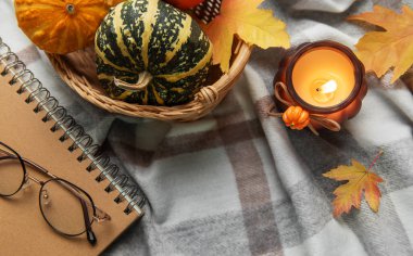 Balkabakları, yanan mumlar, dökülen yapraklar, ve sıcak ekose bir battaniye üzerine not defteri.