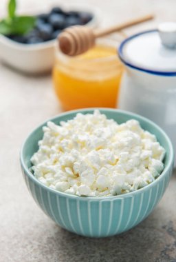 Sağlıklı bir kahvaltı için bal, yabanmersini ve nane aromalı mavi bir kasede süzme peynir.