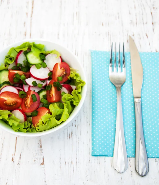 Voorjaar salade met tomaat, komkommer en radijs — Stockfoto