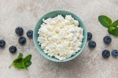 Olgun yaban mersini ve nane ile çevrili bir kasedeki taze süzme peynir sağlıklı bir atıştırmalık oluşturuyor.