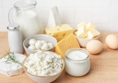 Sağlıklı yemek için doğal süt, peynir, yoğurt, süzme peynir, tereyağı ve yumurta koleksiyonu