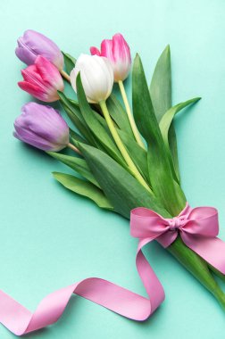 Çiçek hediyesi olarak pembe kurdeleyle sarılmış taze bahar laleleri.