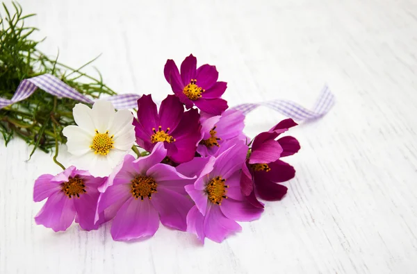 Cosmos flowers on a wooden table — Stock Photo, Image