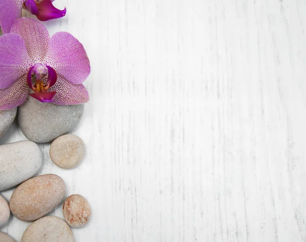 Orquídeas y piedras de masaje — Foto de Stock